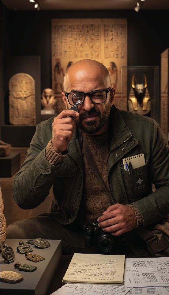 Sherif G. Arti examining ancient artifacts