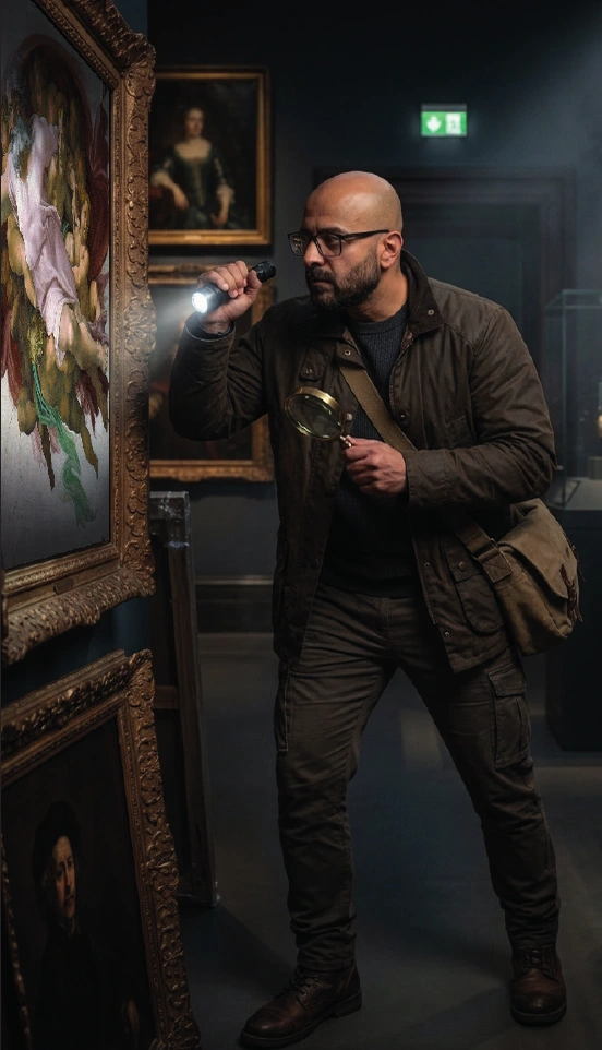 Sherif G. Arti inspecting classical painting with flashlight